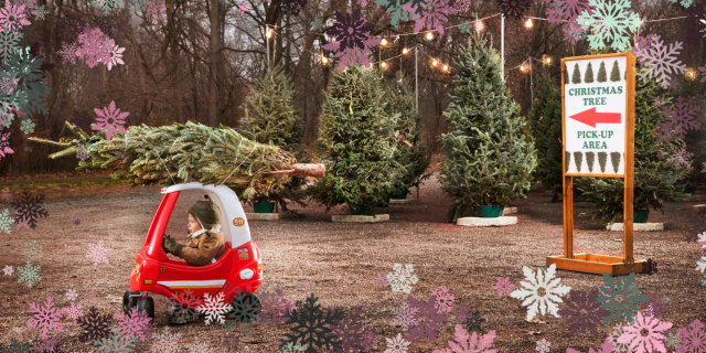 a small child — one's inner child, if you will — driving a toy car with a Christmas tree on top