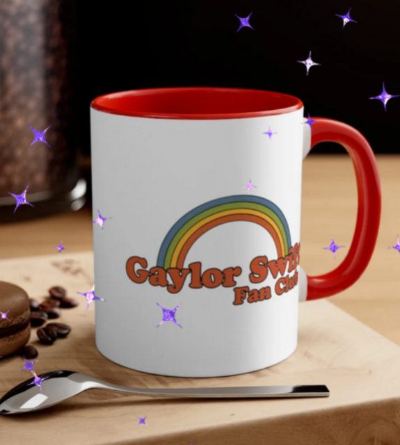 Mug that reads Gaylor Swift Fan Club with a rainbow