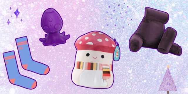 Goblin mode collage: gay chaos socks, purple sex toy, mushroom plush, back pillow