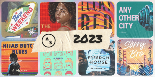 Eight of the 65 best queer books of 2023: Boys Weekend by Mattie Lubchansky, The Battle Drum by Saara El-Arifi, Lucky Red by Claudia Cravens, Any Other City by Hazel Jane Plante, Hijab Butch Blues by Lamya H, The Fake by Zoe Whittall, Freedom House by KB Brookins, and Sorry Bro by Taleen Voskuni