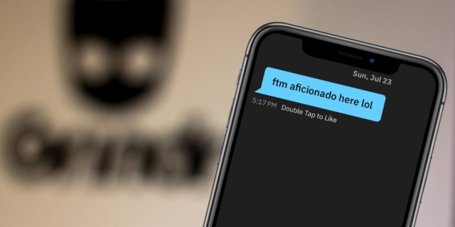 A Trans Guys Guide to Grindr: a phone with a DM that says "ftm aficionado here lol" with the Grindr logo in the background