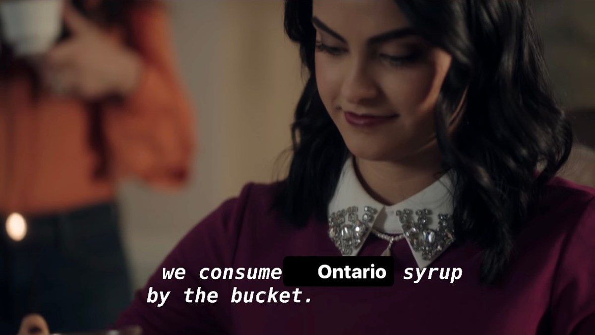 Edited screenshot from Riverdale of Veronica pouring syrup. CC: We consume Ontario syrup by the bucket.