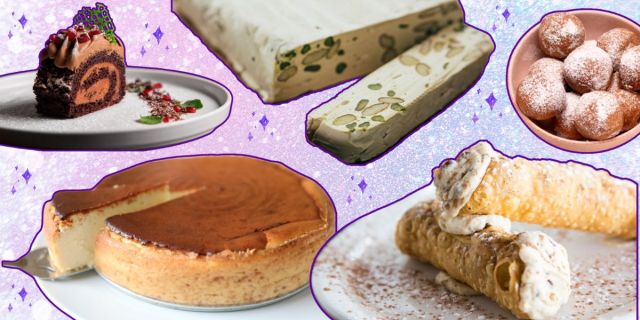 A collage of Italian Christmas desserts in front of a purple background