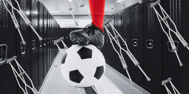 a black and white locker room with repeating crutches is background to a single cleated foot coming down on a soccer ball. all is in black and white except for a red sock