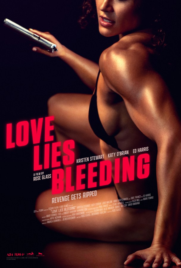 The Love Lies Bleeding poster, which features a close up of Katy O'Brian's body in a bikini and holding a gun