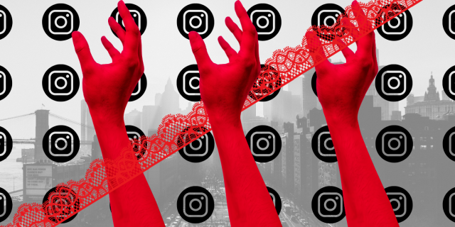 there is a black and white background of nyc with a grid if instagram symbols laid over top a line of red lace crosses the center of the feature as though to say "no" and three scarlet hands, all matching, reach up in the center of the image