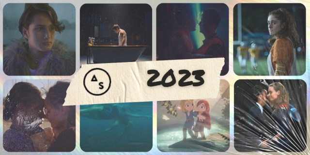 Best TV Scenes of 2023 collage with images from Saltburn, Nimona, and more. There is a plastic film over the image with a duct tape AS logo and 2023 written with sharpie.