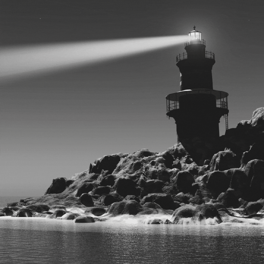 a GIF of a lighthouse on a rocky shore in black and white with purple, pink and yellow beams appearing and shooting out of the top