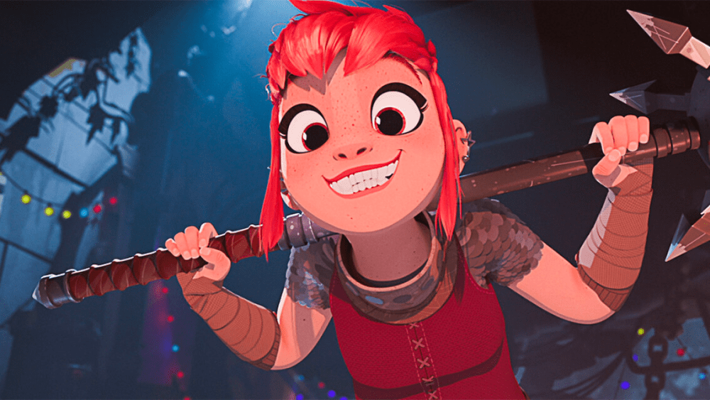 Nimona smiles brightly, showing off all of their teeth, they are holding some kind of fantasyland weapon.