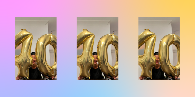Kristen Kish holding gold 40 balloons
