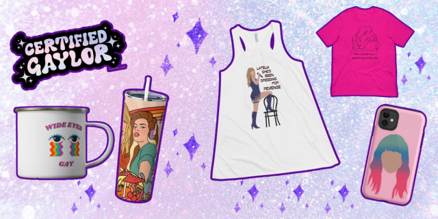 Gaylor gift guide: Sparkly lavender background with a Certified Gaylor sticker, a tumbler, a shirt, and a phone case.