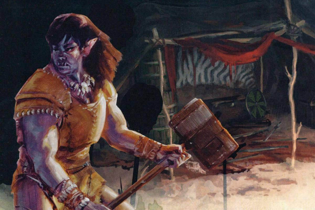 Queer dungeons and dragons: an orc-like creature with big muscles grips a wooden mallet. 