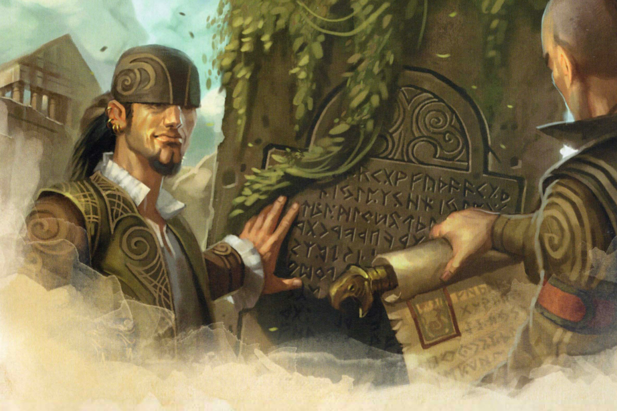 A man with a goatee and a hat covering his eyes looks at someone else who is reading a scroll