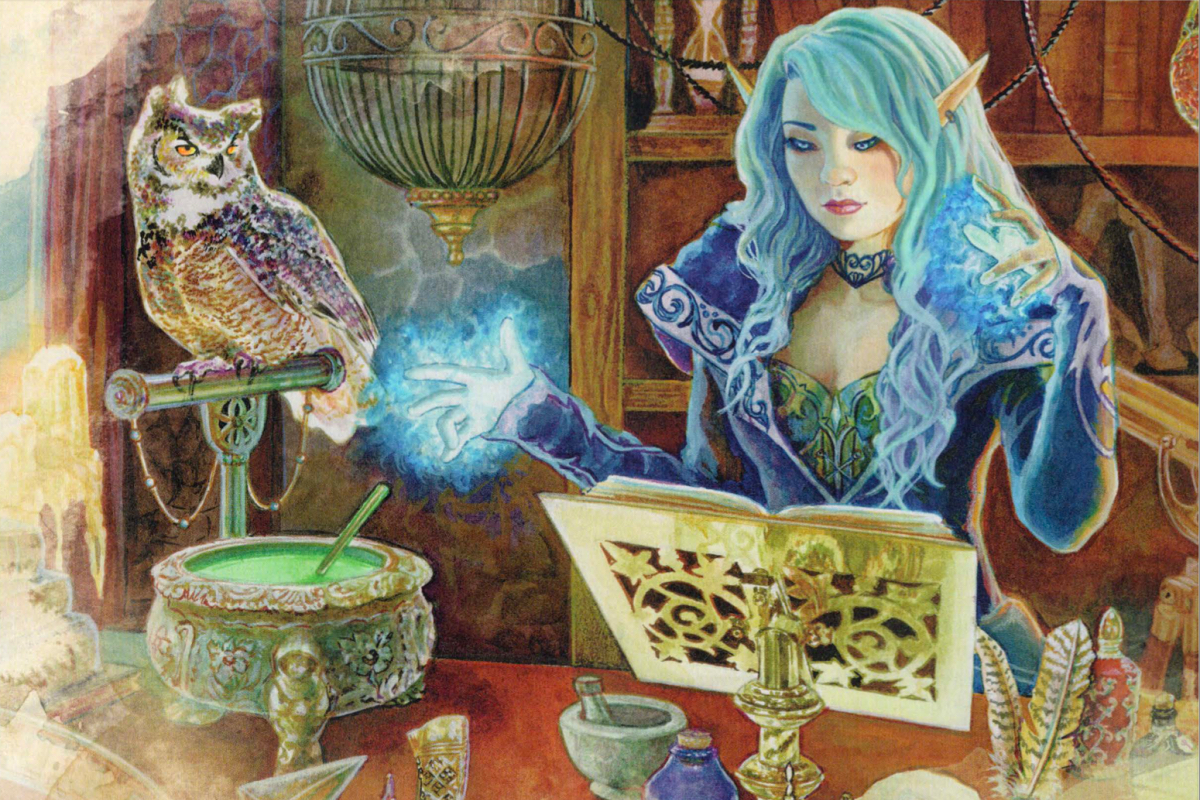 Queer Dungeons and Dragons: A blue-haired sorceress casts a spell as her owl looks on.