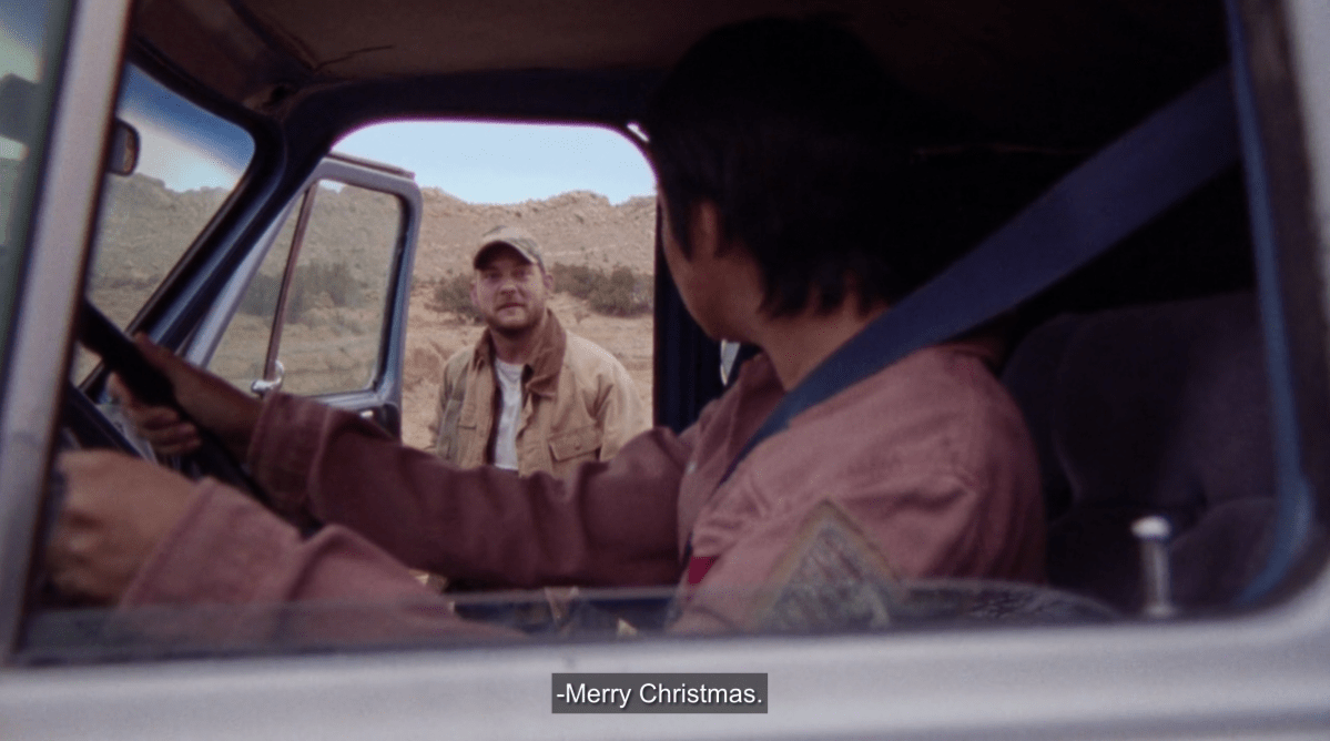 Dwayne in How To Blow Up a Pipeline says "Merry Christmas"