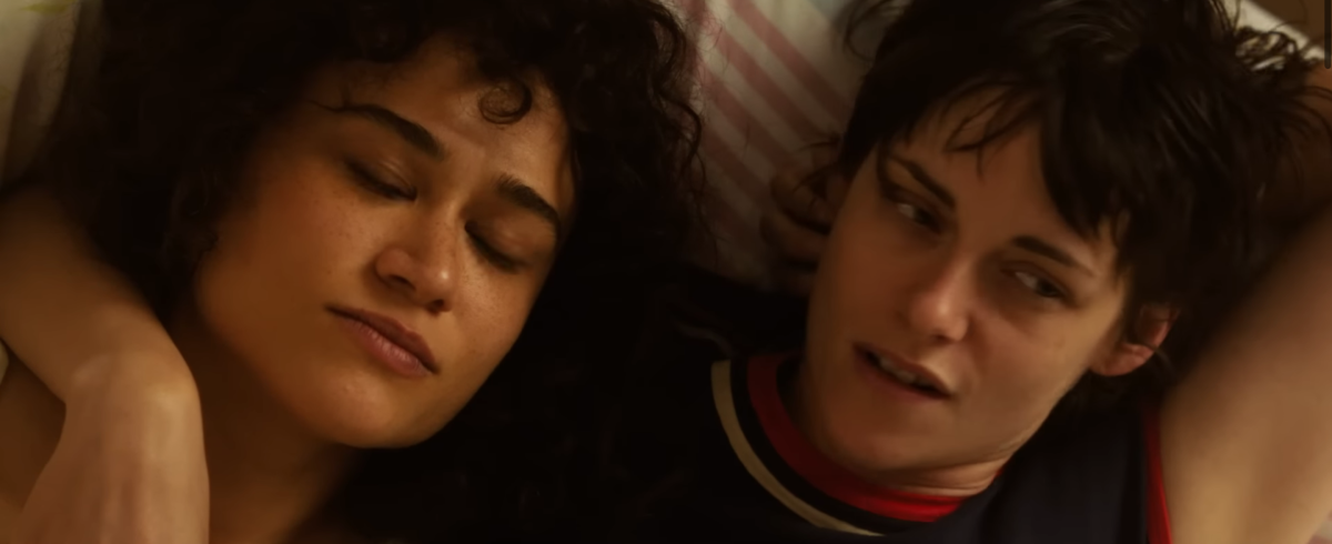 Katy M. O'Brian and Kristen Stewart in bed together in Love Lies Bleeding in close up