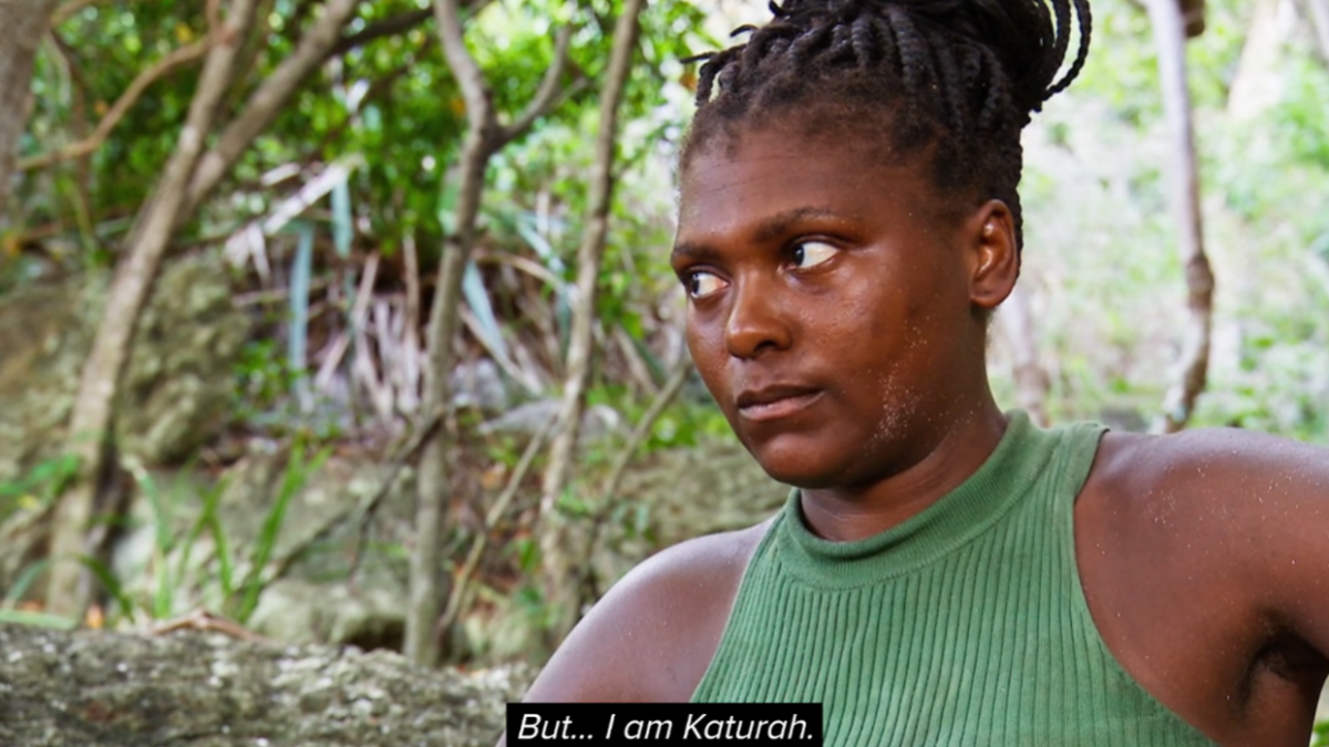 Survivor Season 45 contestant Katurah Topps looks off-camera, determined, while saying, “But… I am Katurah.”