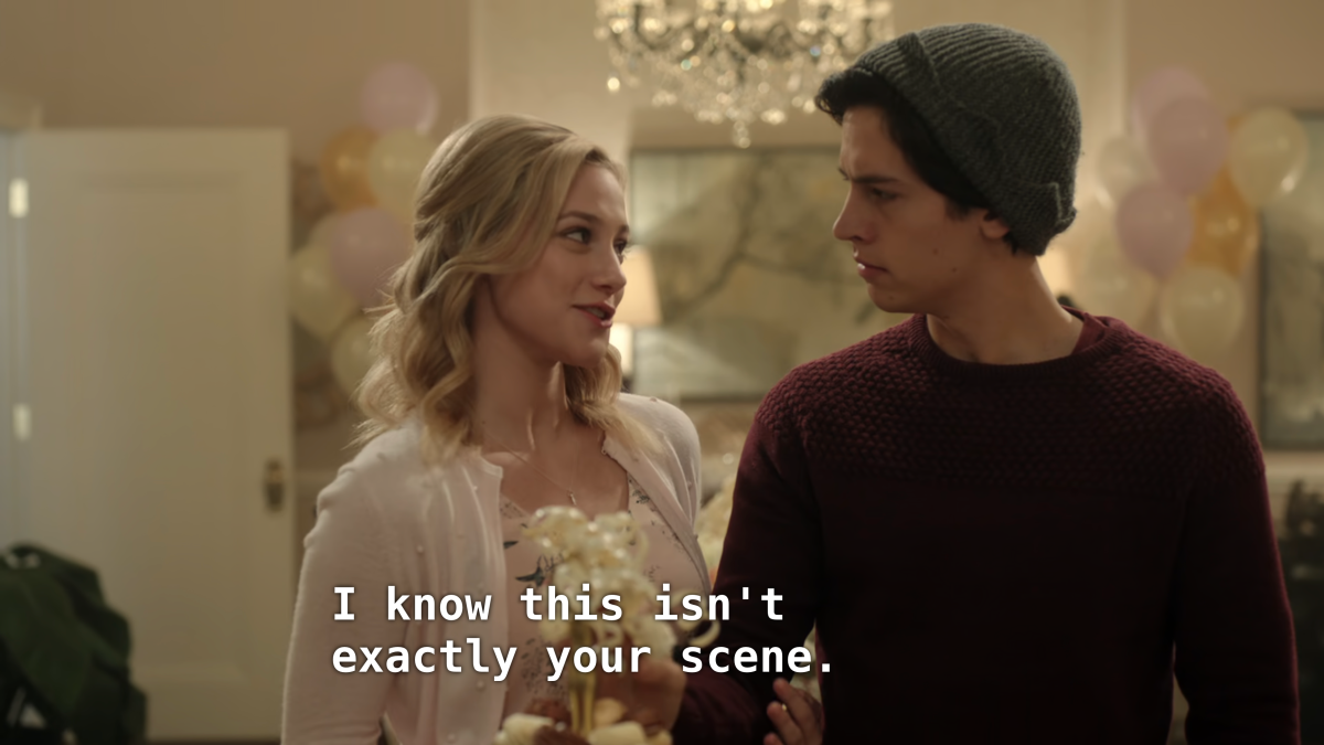 Betty talks to Jughead at the baby shower. Betty: I know this isn't exactly your scene. 