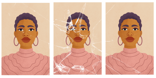 Three illustrations of a Black woman with short hair and earrings, behind a sheet of broken glass.