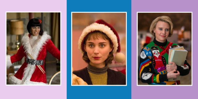 christmas movie three images: Angel in Rent, Therese in Carol, Kate McKinnon in Office Christmas Party