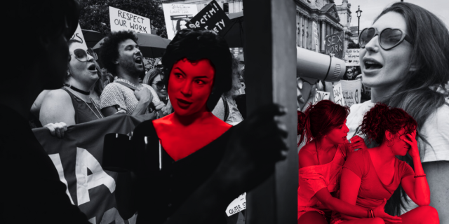 a collage shows a black and white photo of sex workers protesting for decriminalization and rights in the background, over top, a lesbian couple fights with each other in red, and over top of that, Corky and Violet from the movie Bound are cut out, where Corky is looking at Violet who has come to her door. Violet's face and neck and eyes are also bright red