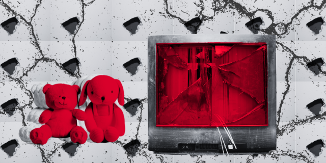 against a background of repeated holes in a wall with cracks overlaid is a broken tv with a red screen and a pair of stuffed animals in red