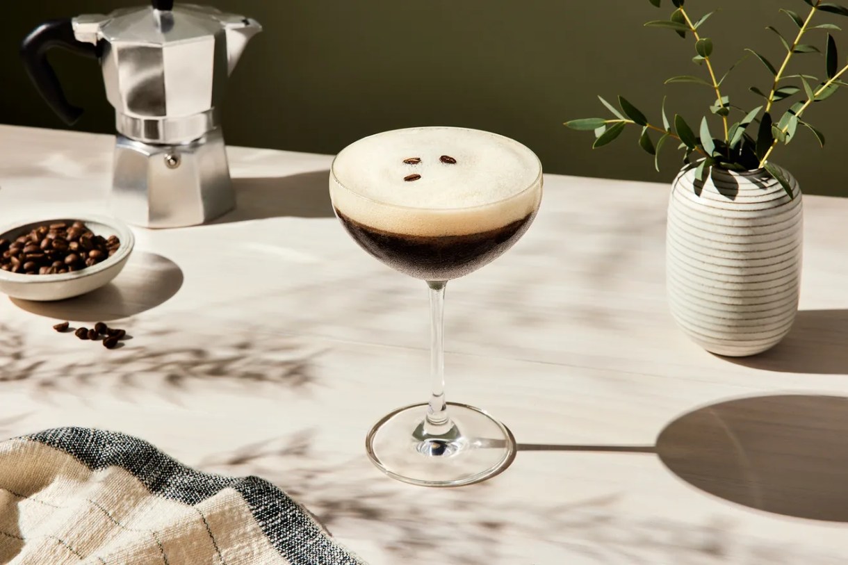 A martini glass full of Non-Alcoholic Espresso Martini