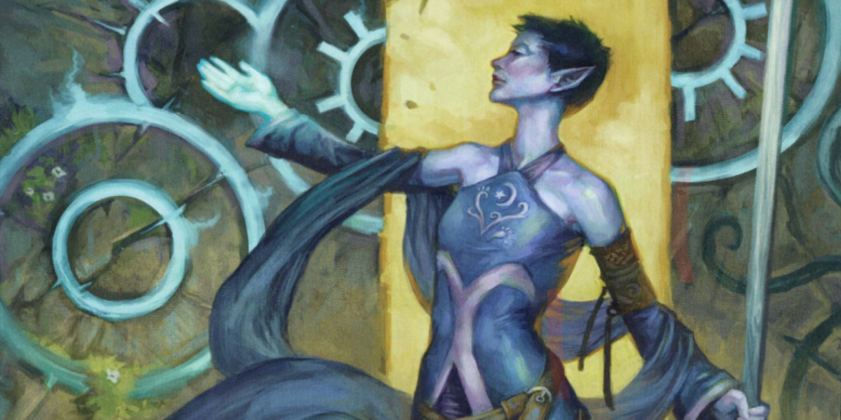 A feminine elf-like creature holds a staff in one hand and lefts their other arm up.