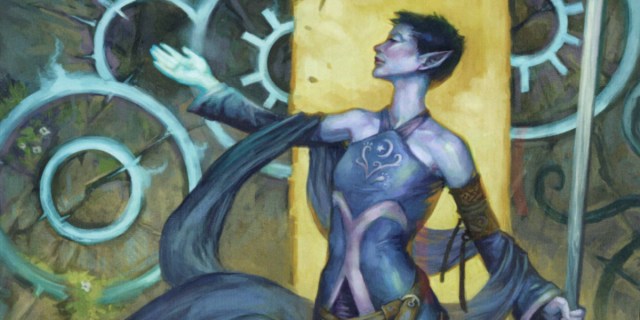 A feminine elf-like creature holds a staff in one hand and lefts their other arm up.