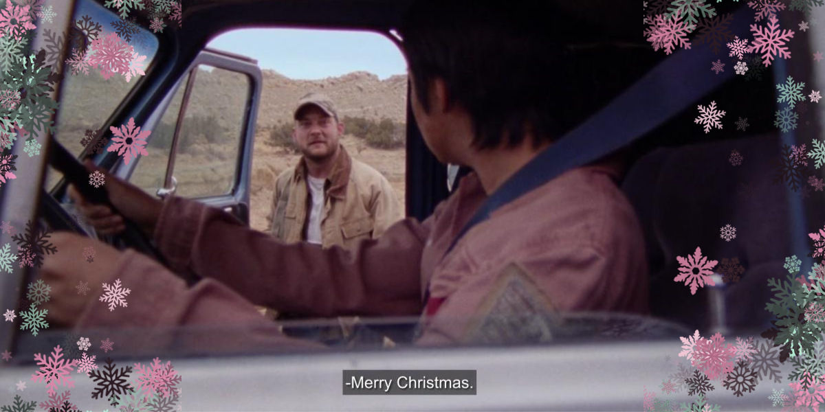 Dwayne in How To Blow Up a Pipeline says "Merry Christmas", surrounded by snowflakes