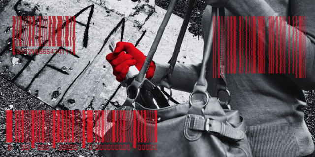 a black and white background with a sign on it that says "can u help" has an image of a women putting a bottle of wine inter her purse above it. the woman is black and white except for the hand on the bottle, which is red. three red and blurred bar codes are placed on top of these two images