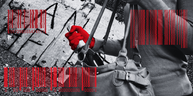 a black and white background with a sign on it that says "can u help" has an image of a women putting a bottle of wine inter her purse above it. the woman is black and white except for the hand on the bottle, which is red. three red and blurred bar codes are placed on top of these two images