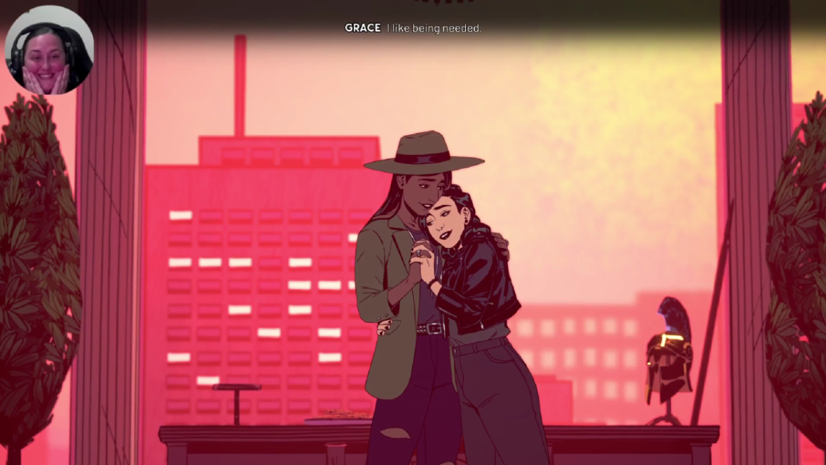 Best queer video games of 2023: Screenshot of Grace and Freddie canoodling in Stray Gods