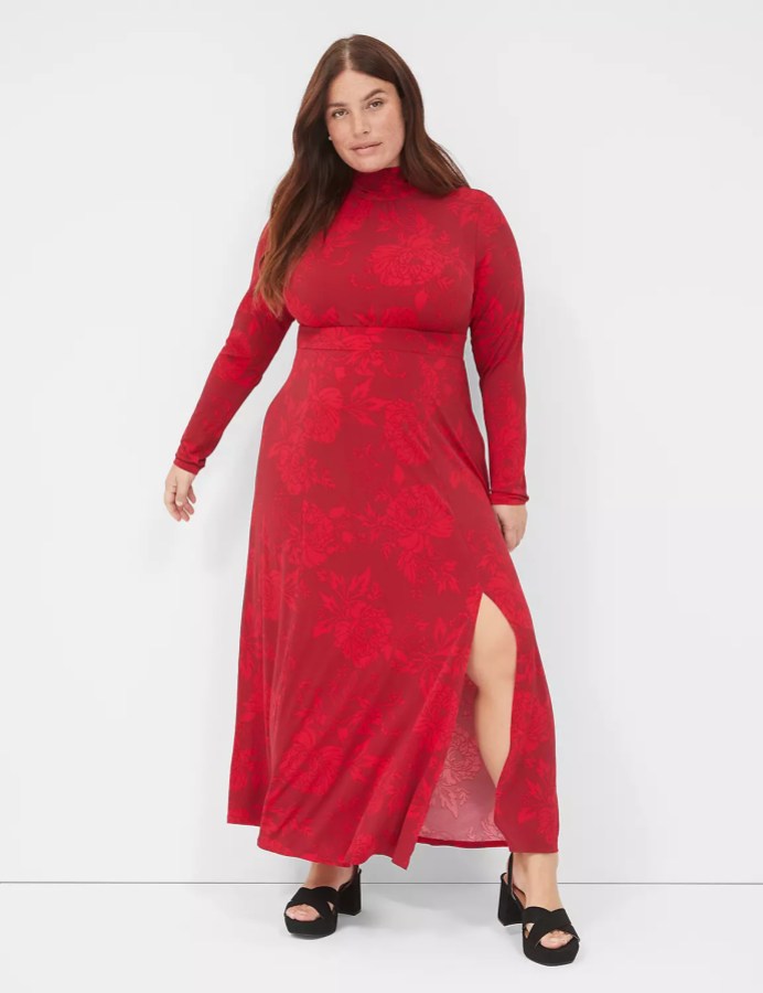 A plus size red long sleeve outfit with a floral pattern and a leg slit