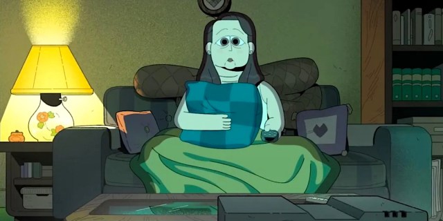 Carol & The End of the World: an animated image of a sad woman watching TV on her couch.