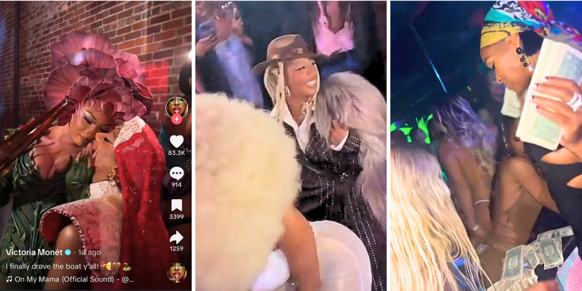 Three social media images of Megan Thee Stallion, Victoria Monét, and Janelle Monaé hanging out together at the club.