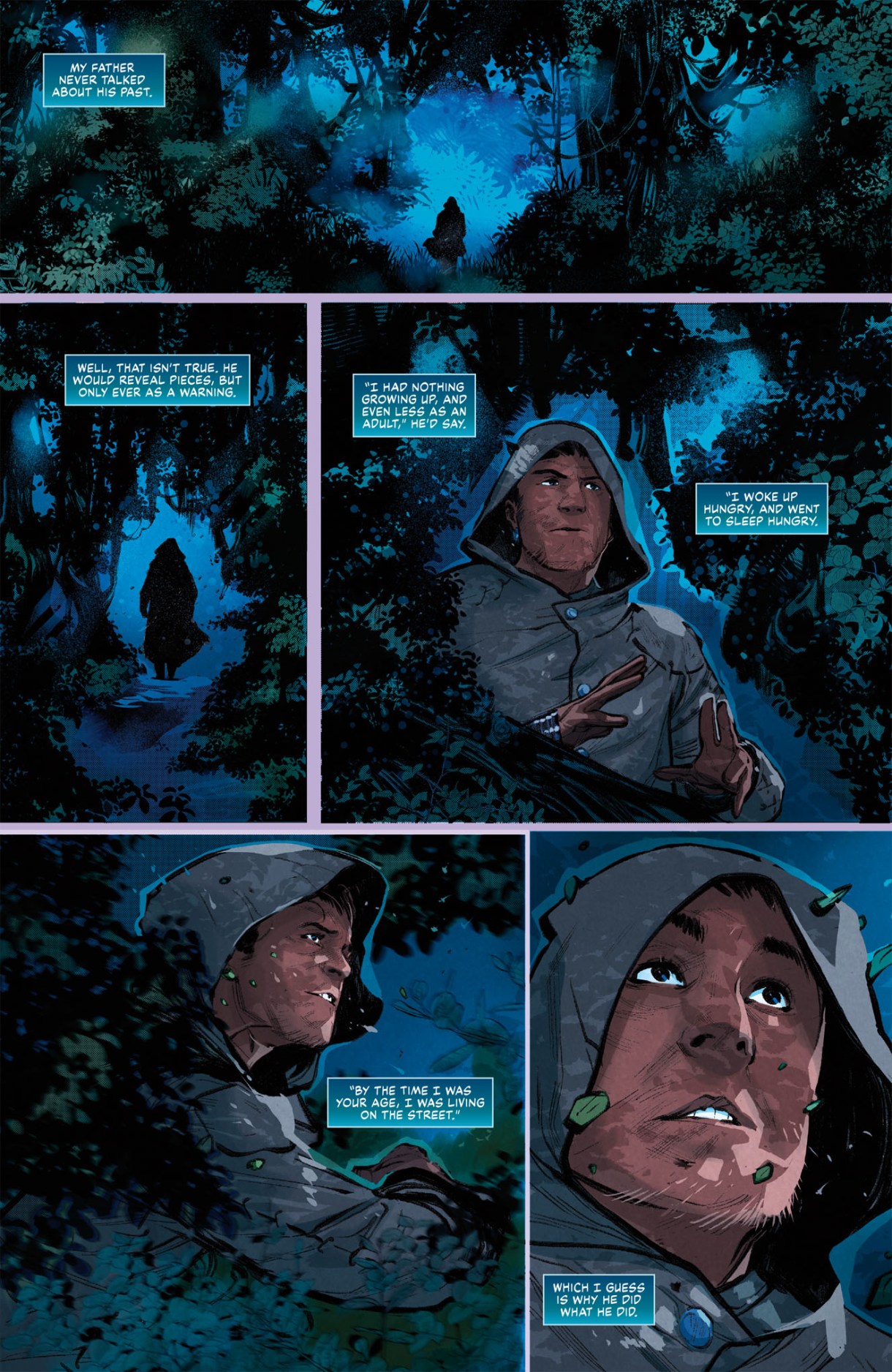 A five panel comic of a person walking through the woods at night, with the following narration: "MY FATHER NEVER TALKED ABOUT HIS PAST. WELL, THAT ISN'T TRUE. HE WOULD REVEAL PIECES, BUT ONLY EVER AS A WARNING. "I HAD NOTHING GROWING UP, AND EVEN LESS AS AN ADULT," HE'D SAY. "I WOKE UP HUNGRY, AND WENT TO SLEEP HUNGRY. "BY THE TIME I WAS YOUR AGE, I WAS LIVING ON THE STREET" WHICH I GUESS IS WHY HE DID WHAT HE DID"
