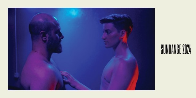 Desire Lines: an image from the film of Theo Germaine touching Aden Hakimi, both of them shirtless. Beige background with Sundance 2024 on the side.