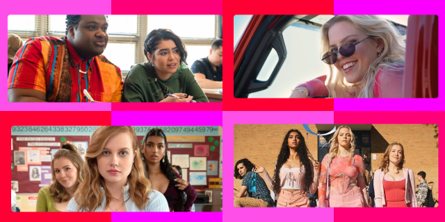Four images from the 2024 film Mean Girls, Janis and Damian in class, Regina George in her car, Cady Heron and the other plastics, and finally the plastics in their signature pink.
