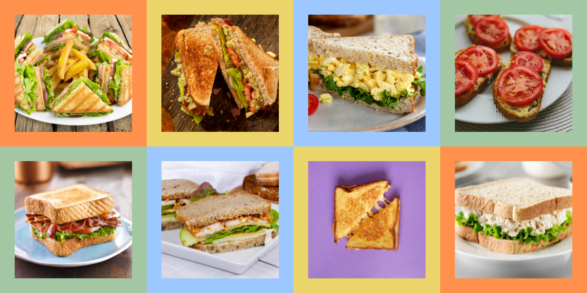 the following sandwiches: club, BLT, egg salad, tomato, turkey avocado, grilled cheese, and chicken salad