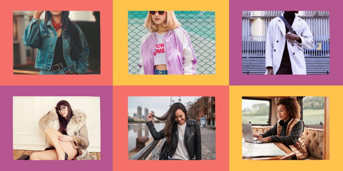 top row: denim jacket, sporty bomber, overcoat bottom row: fur coat, leather jacket, puffer vest