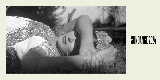 Frida documentary: a black and white image of Frida Kahlo lying in grass with one arm covering her face, a beige background with Sundance 2024 on the side