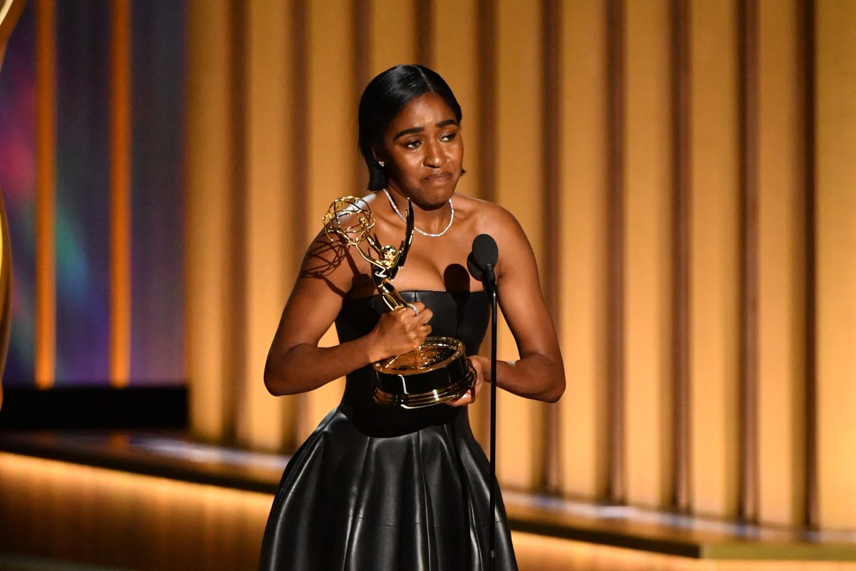 Outstanding Supporting Actress in a Comedy Series Ayo Edebiri, The Bear, accepts her award onstage during the 75th Emmy Awards at the Peacock Theatre at L.A. Live in Los Angeles on January 15, 2024.