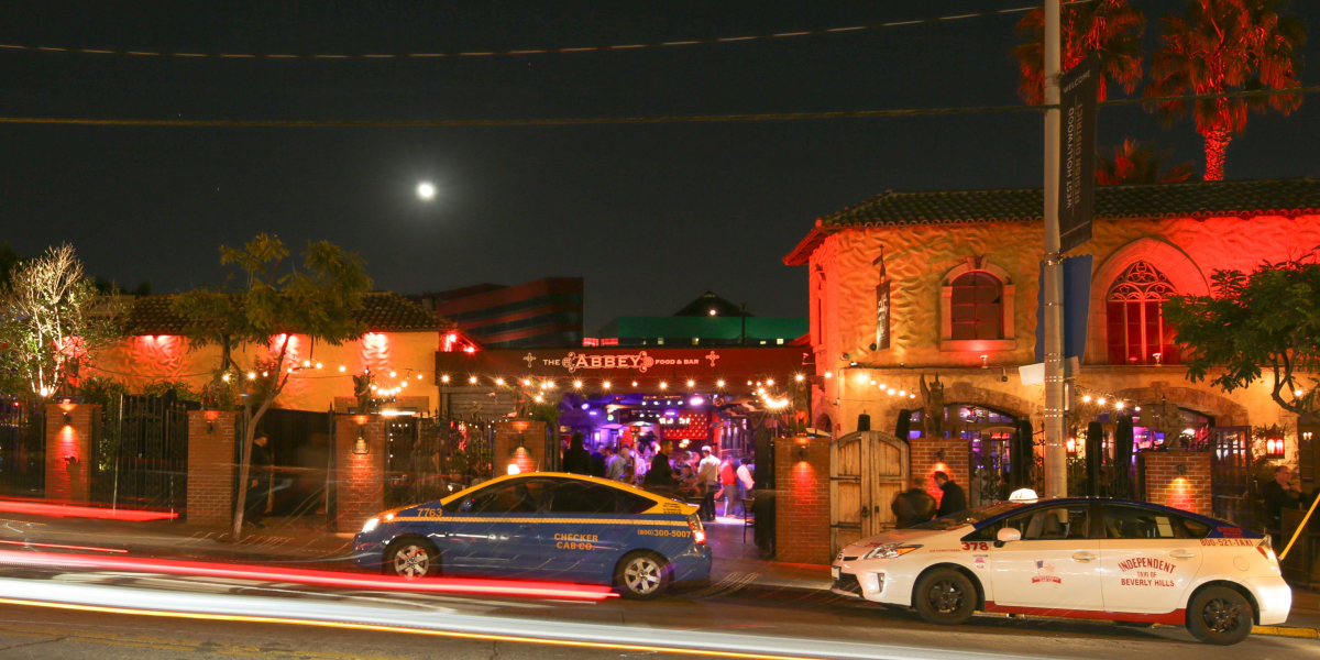 A nighttime exterior photo of The Abbey