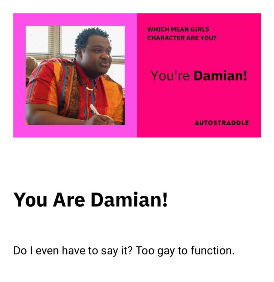 a quiz result that says: "You're Damian: Do I even have to say it? Too gay to function." It features and image of the character Damien who is a gay Black boy