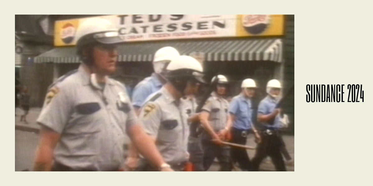 Power documentary Netflix: an archival image of police officers with riot helmets. Beige background with Sundance 2024 on the side