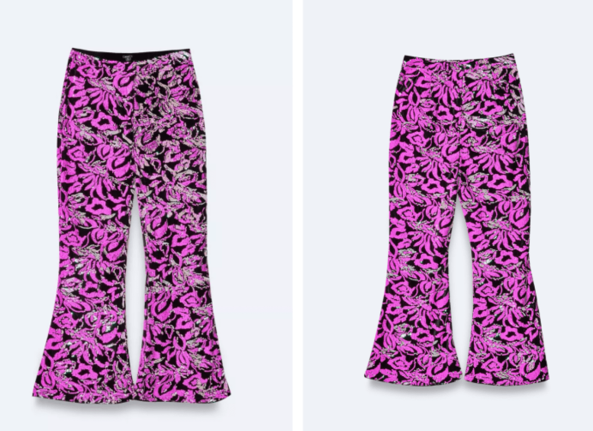 plus size wedding guest inspiration: sequined flair pants in pink and black