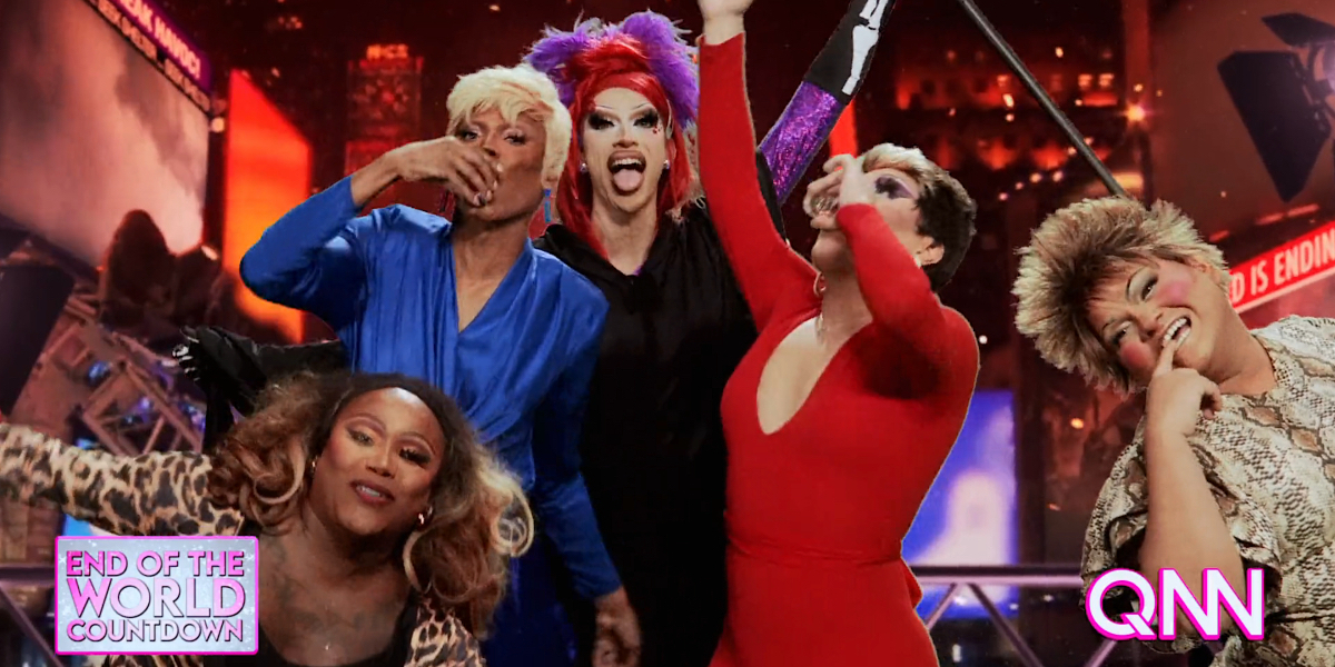 RuPaul's Drag Race 1604 recap: Mhi'ya, Mirage, Xunami, Morphine, and Geneva in a chaotic tableau after the RDR Live intro.