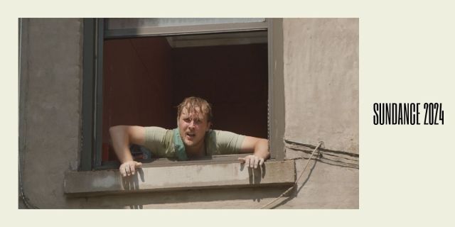 Stress Positions: a frame of an exhausted John Early appearing through a window. Beige background with Sundance 2024 on the side.