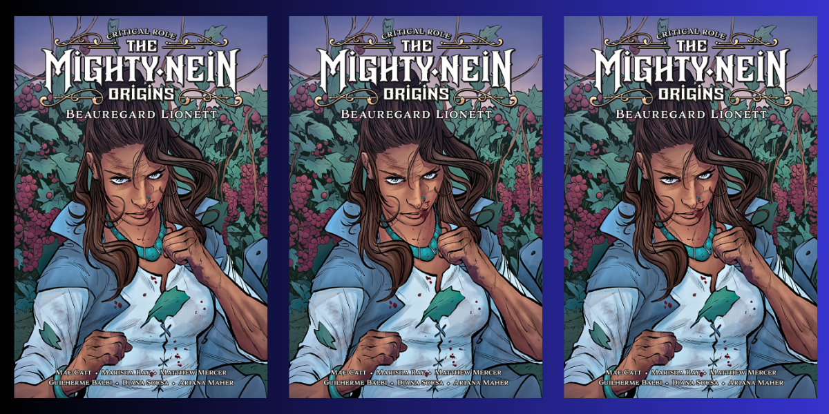 "Critical Role: Mighty Nein Origins" book cover, featuring lesbian character Beauregard Lionette in a fighting stance, repeated three times over a blue background.